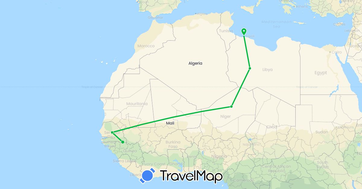 TravelMap itinerary: driving, bus in Libya, Niger, Senegal (Africa)